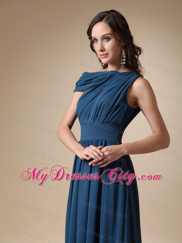 Cool Neckline Empire Ruches Chiffon Navy Blue Prom Dress for Girls