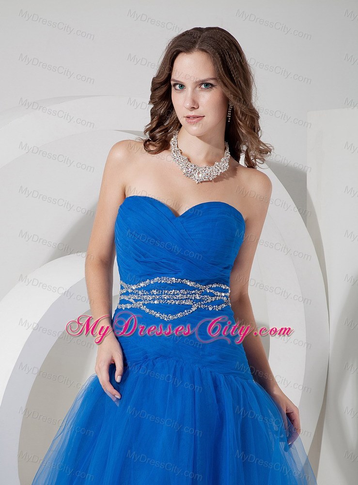 Tulle Beading and Ruches Princess Sweetheart Blue Prom Evening Dress