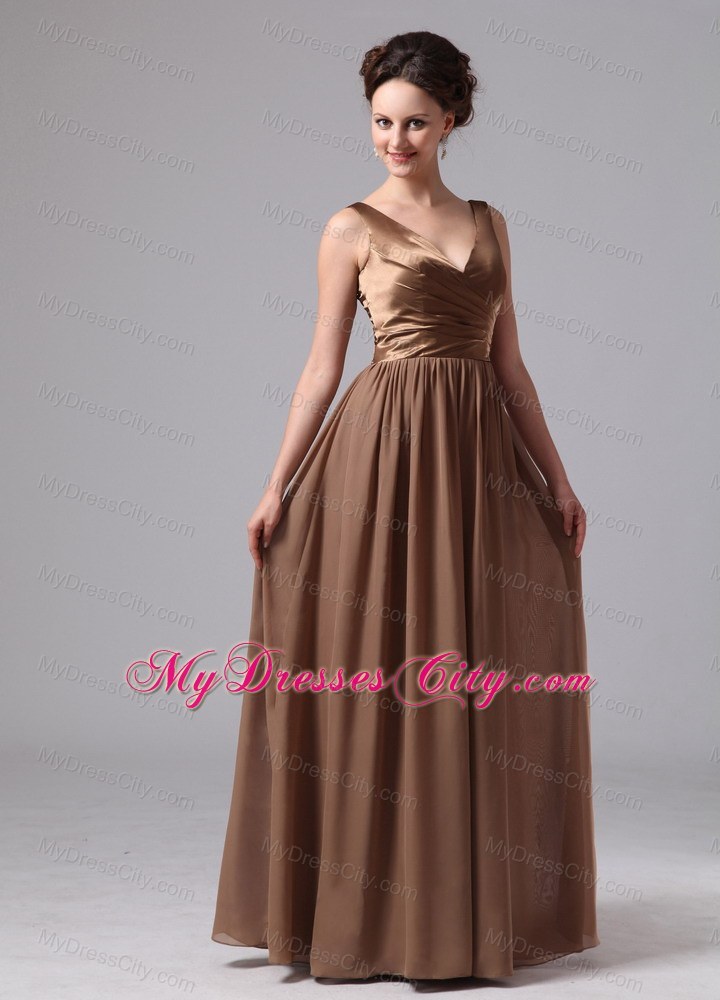 V-neck Satin and Chiffon Ruches Brown Prom Dress with V-Back