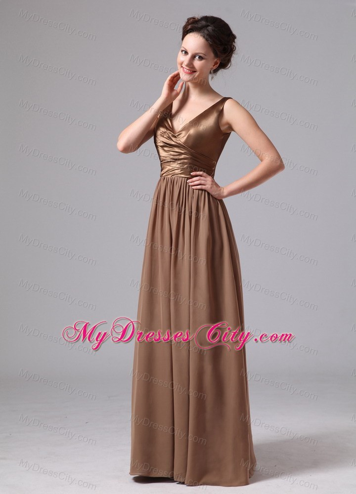 V-neck Satin and Chiffon Ruches Brown Prom Dress with V-Back