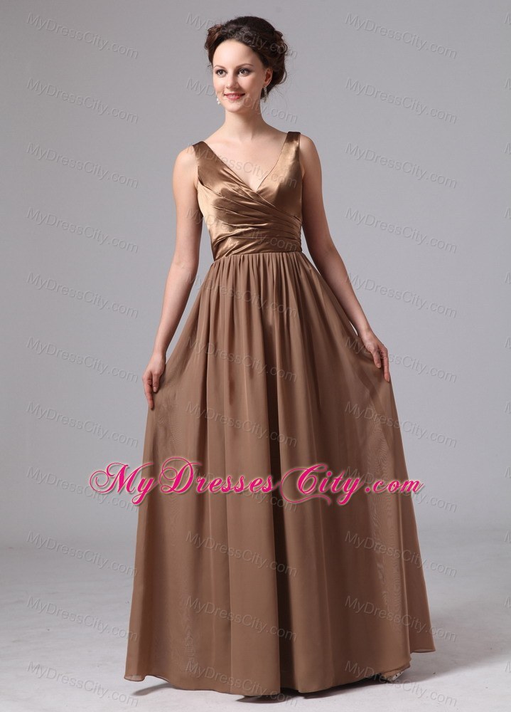 V-neck Satin and Chiffon Ruches Brown Prom Dress with V-Back