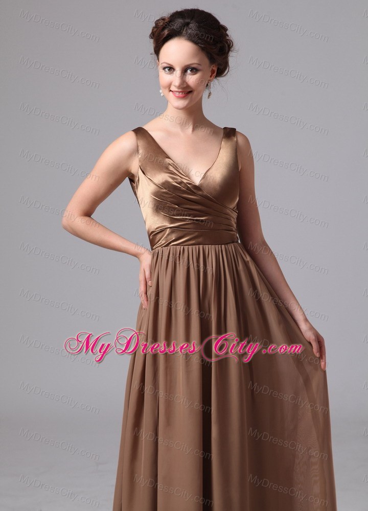 V-neck Satin and Chiffon Ruches Brown Prom Dress with V-Back