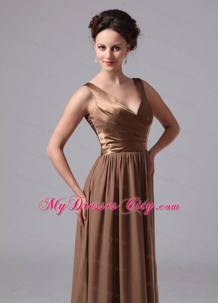 V-neck Satin and Chiffon Ruches Brown Prom Dress with V-Back