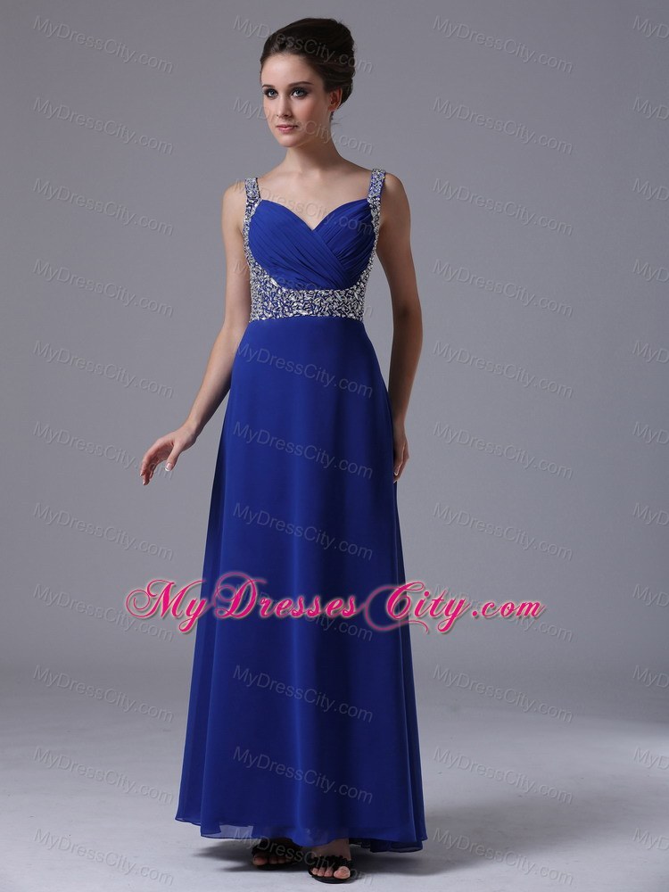 Beaded Decorate Shoulder Straps Chiffon Royal Blue Prom Dress