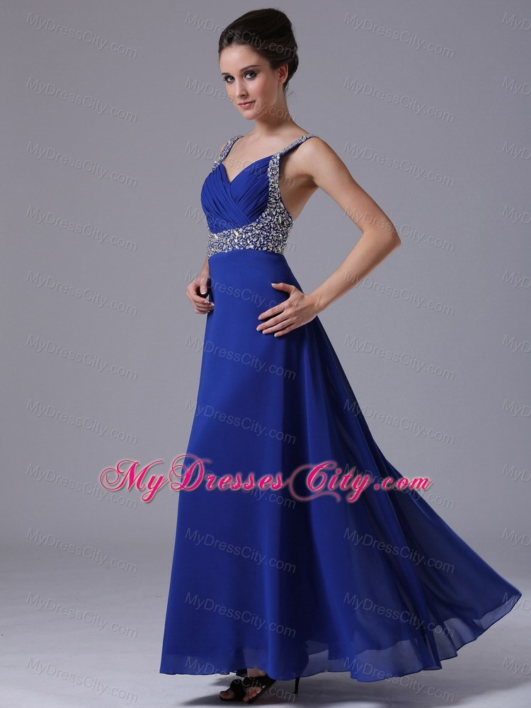 Beaded Decorate Shoulder Straps Chiffon Royal Blue Prom Dress