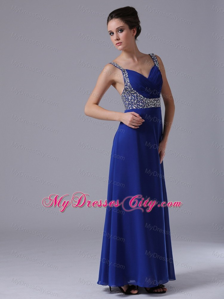 Beaded Decorate Shoulder Straps Chiffon Royal Blue Prom Dress