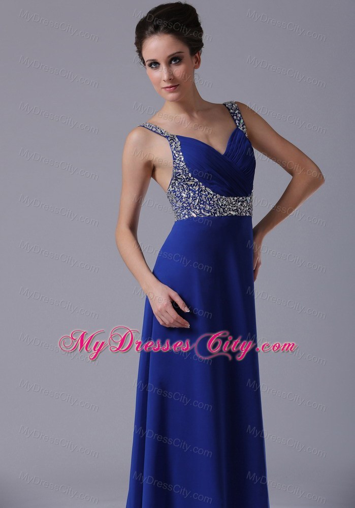 Beaded Decorate Shoulder Straps Chiffon Royal Blue Prom Dress