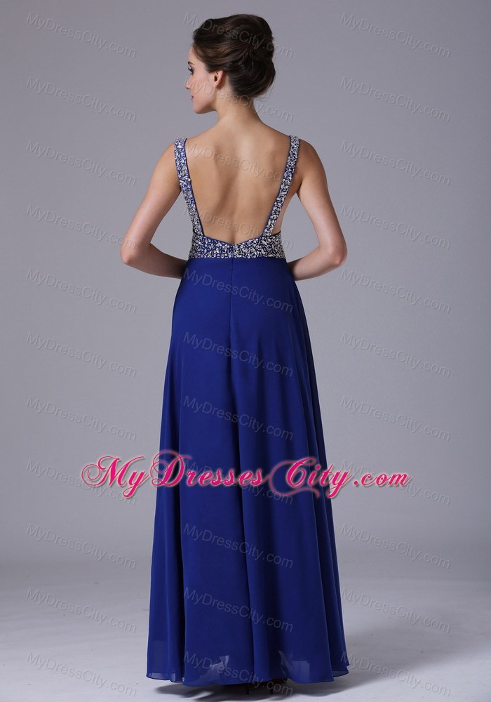 Beaded Decorate Shoulder Straps Chiffon Royal Blue Prom Dress