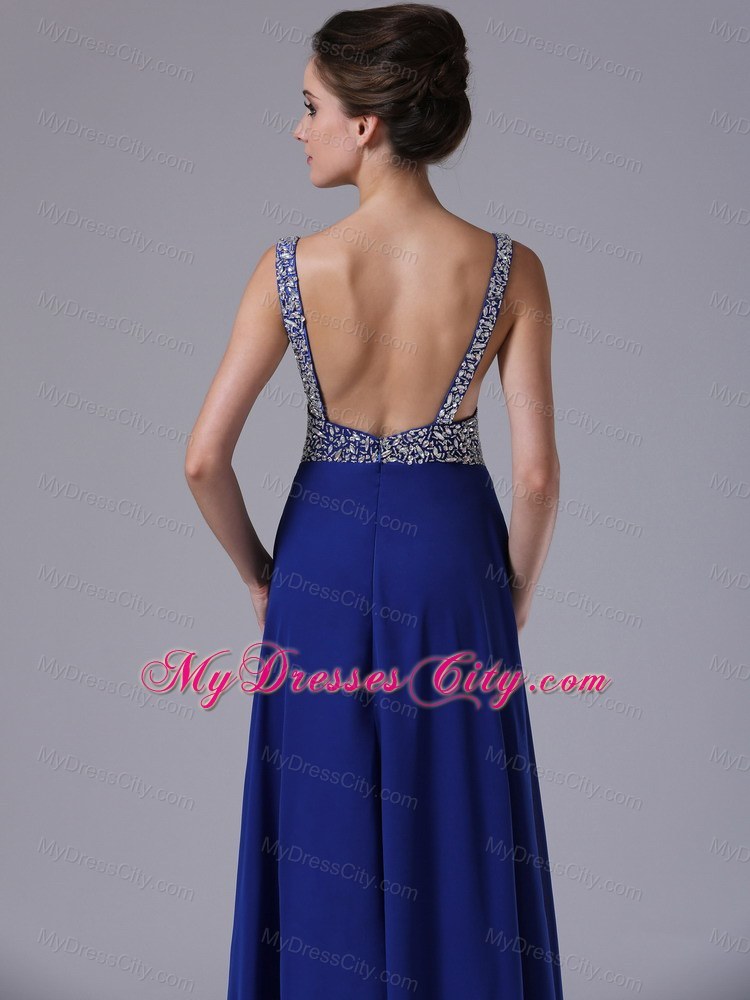 Beaded Decorate Shoulder Straps Chiffon Royal Blue Prom Dress