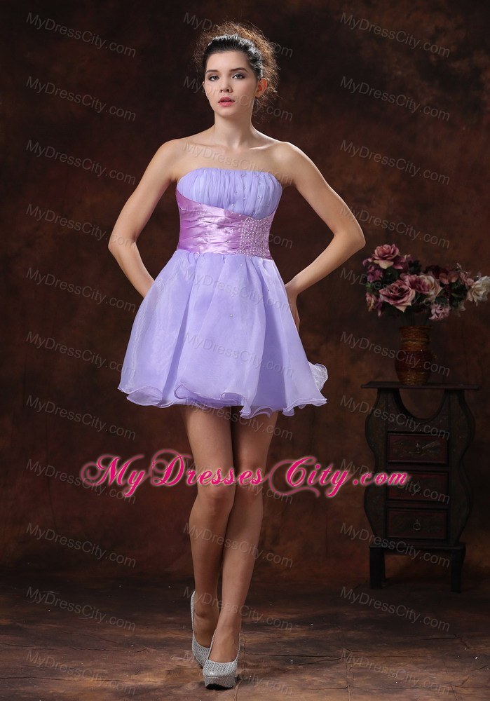 Lace-up Mini-length Beaded Decorate Organza Lilac Prom Dress