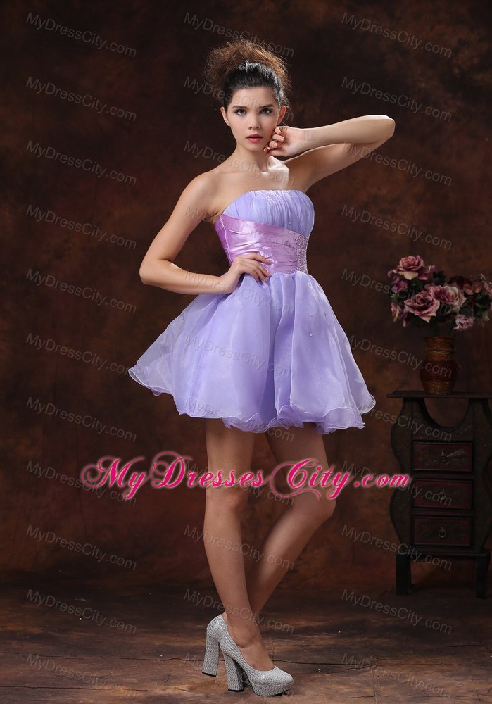 Lace-up Mini-length Beaded Decorate Organza Lilac Prom Dress