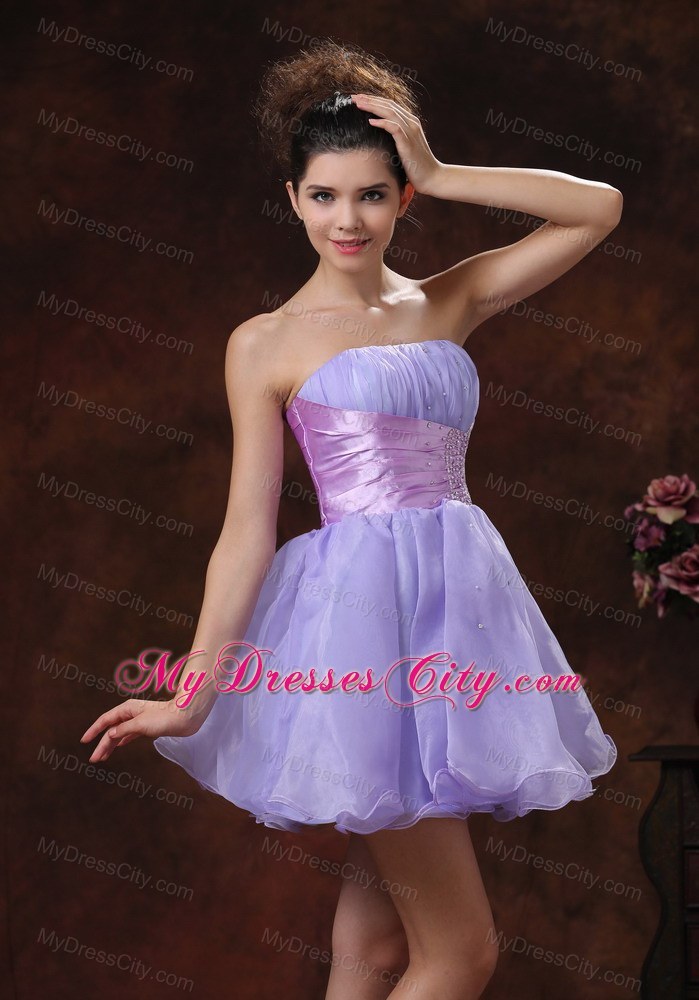 Lace-up Mini-length Beaded Decorate Organza Lilac Prom Dress