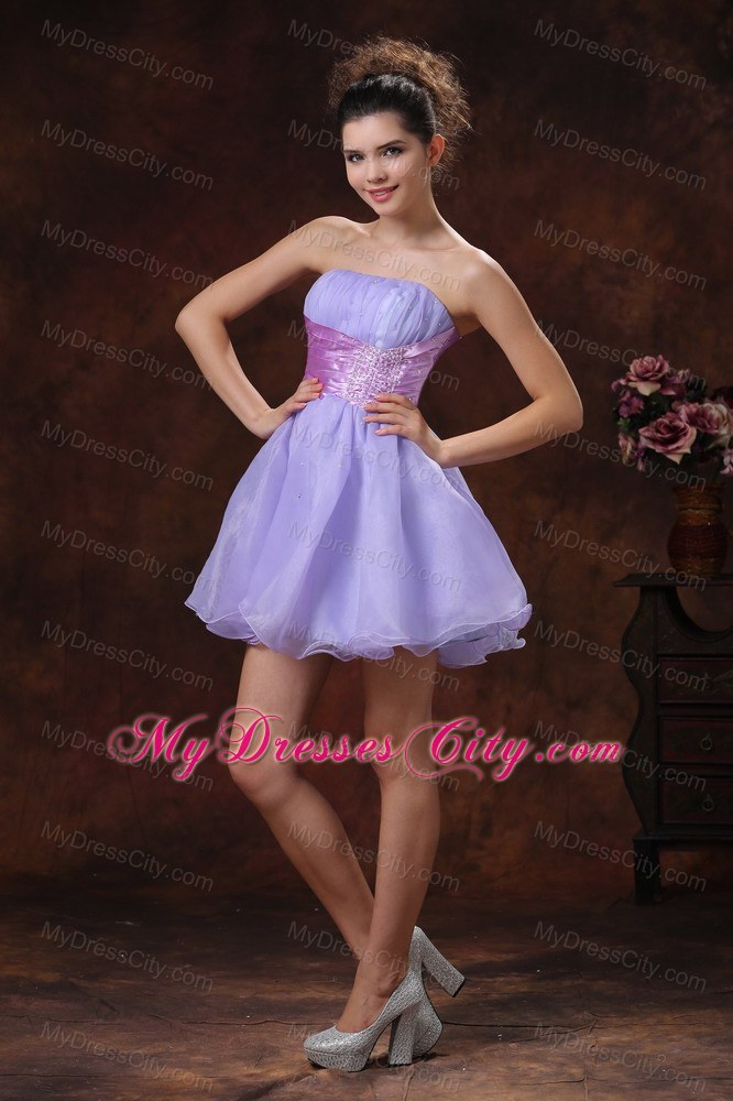 Lace-up Mini-length Beaded Decorate Organza Lilac Prom Dress