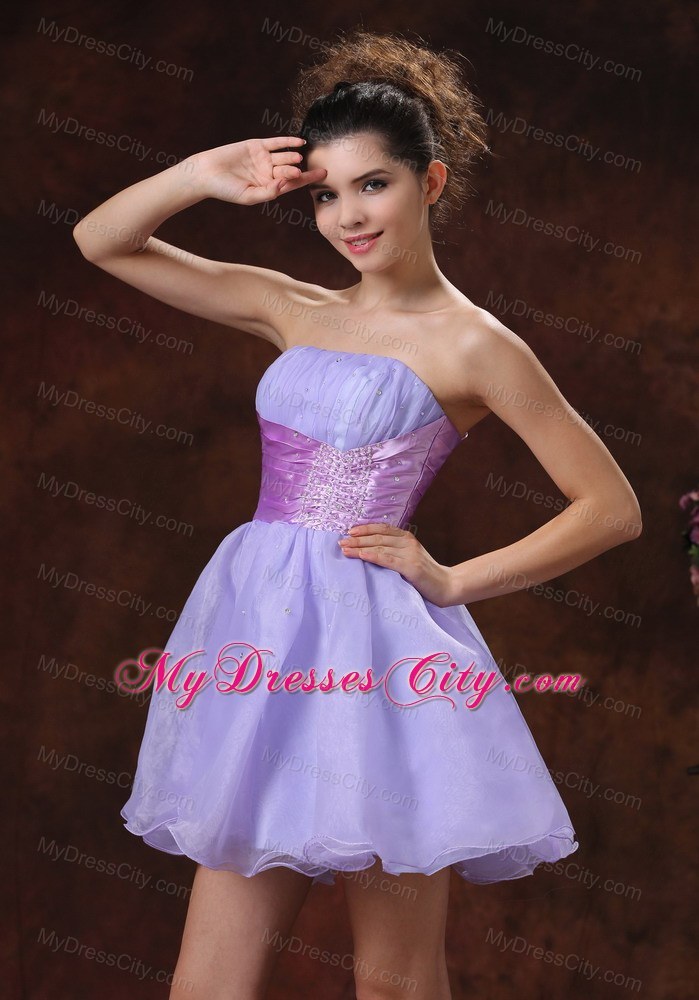 Lace-up Mini-length Beaded Decorate Organza Lilac Prom Dress