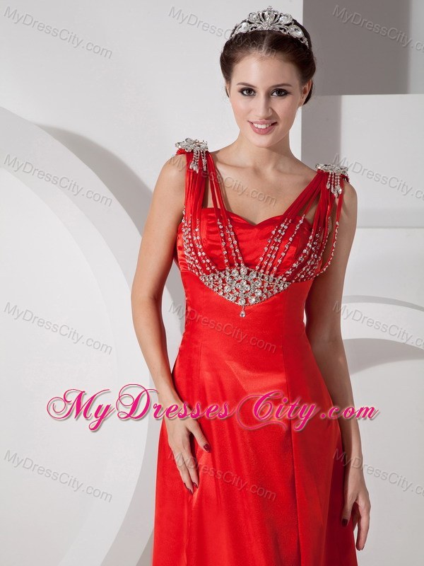 Unique Beaded Column Red Prom Evening Dress with Draped Back