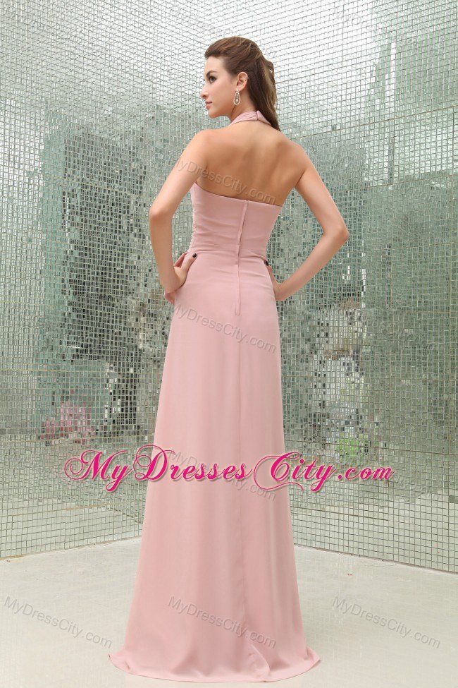 Chiffon Halter Ruching Zipper Back Light Pink Prom Dresses