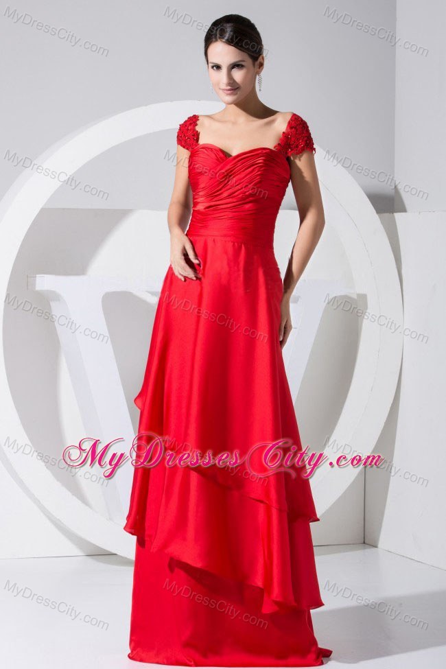 Cap Sleeves Sweetheart Ruches Brush Train Red Prom Dress For 2013