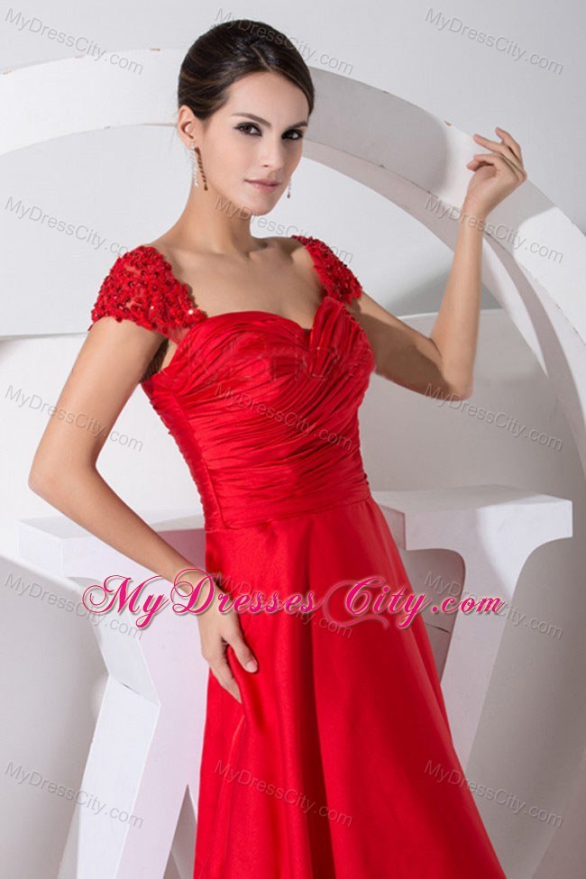 Cap Sleeves Sweetheart Ruches Brush Train Red Prom Dress For 2013