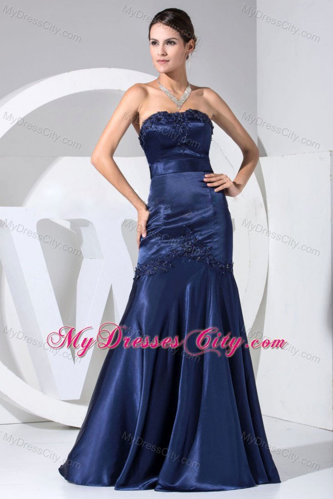 Mermaid Strapless Appliques With Beading Navy Prom Evening Dress