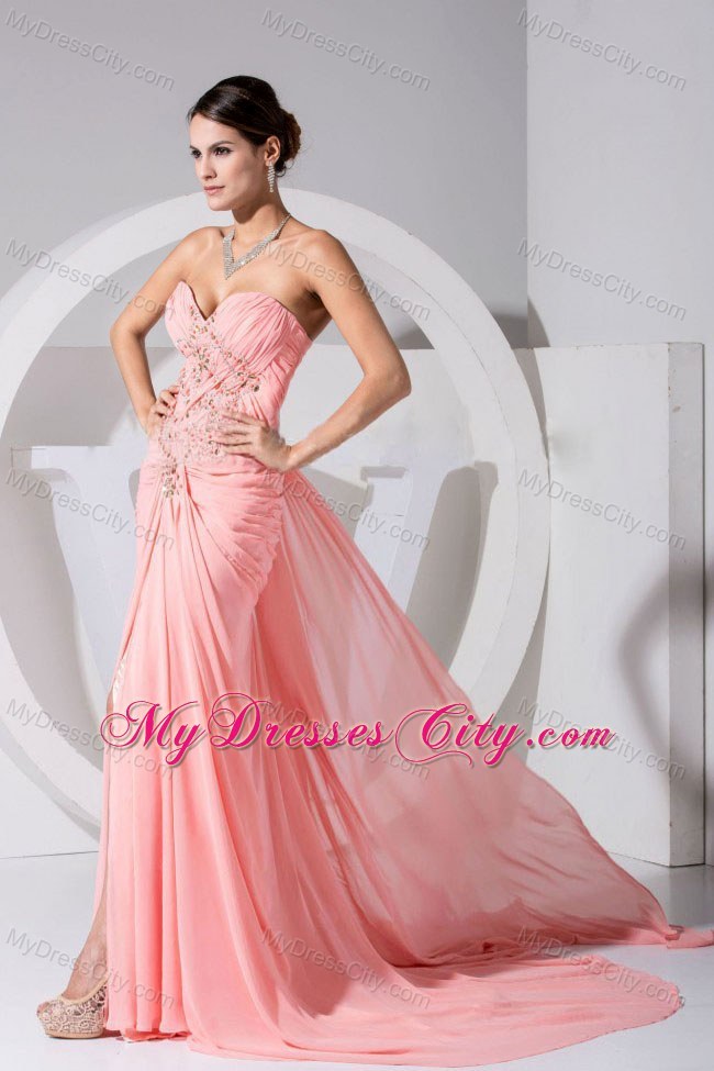 High Slit Chiffon Sweetheart Beading and Ruches 2013 Pink Prom Gowns