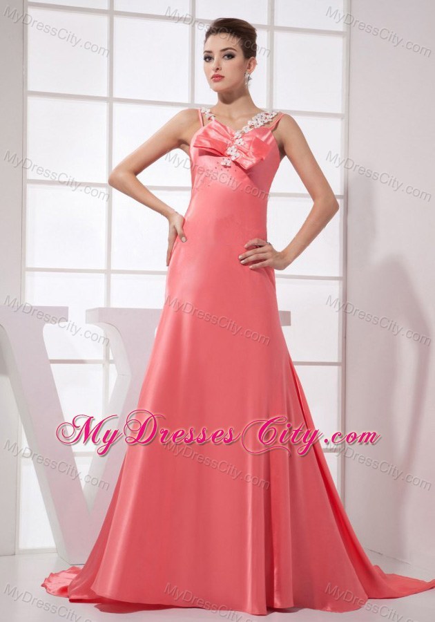 Brush Train Straps Floral Embellishment Watermelon Pink Prom Dresses