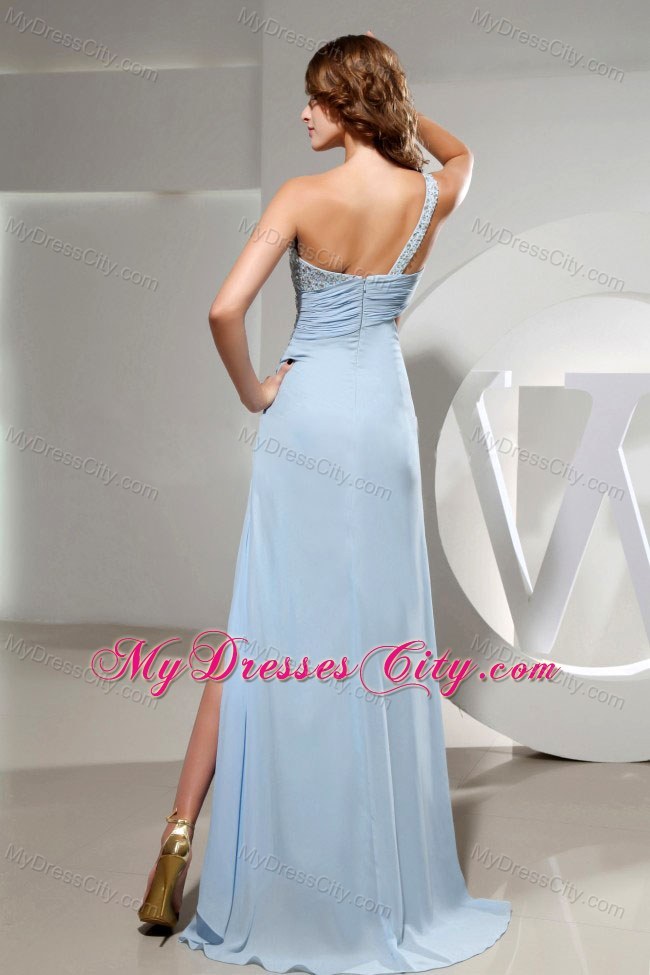 One Shoulder High Slit Chiffon Light Blue Prom Dress With Beading