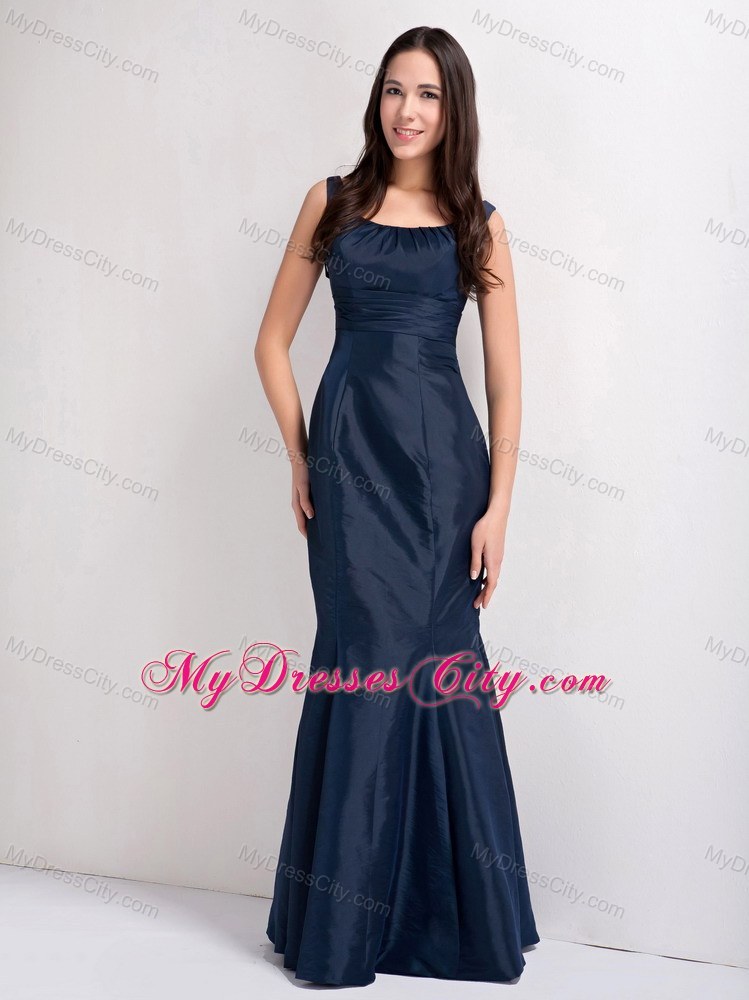 Cheap Square Mermaid Long Navy Prom Dress with Bow on Back