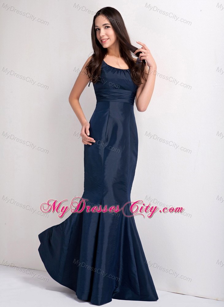 Cheap Square Mermaid Long Navy Prom Dress with Bow on Back