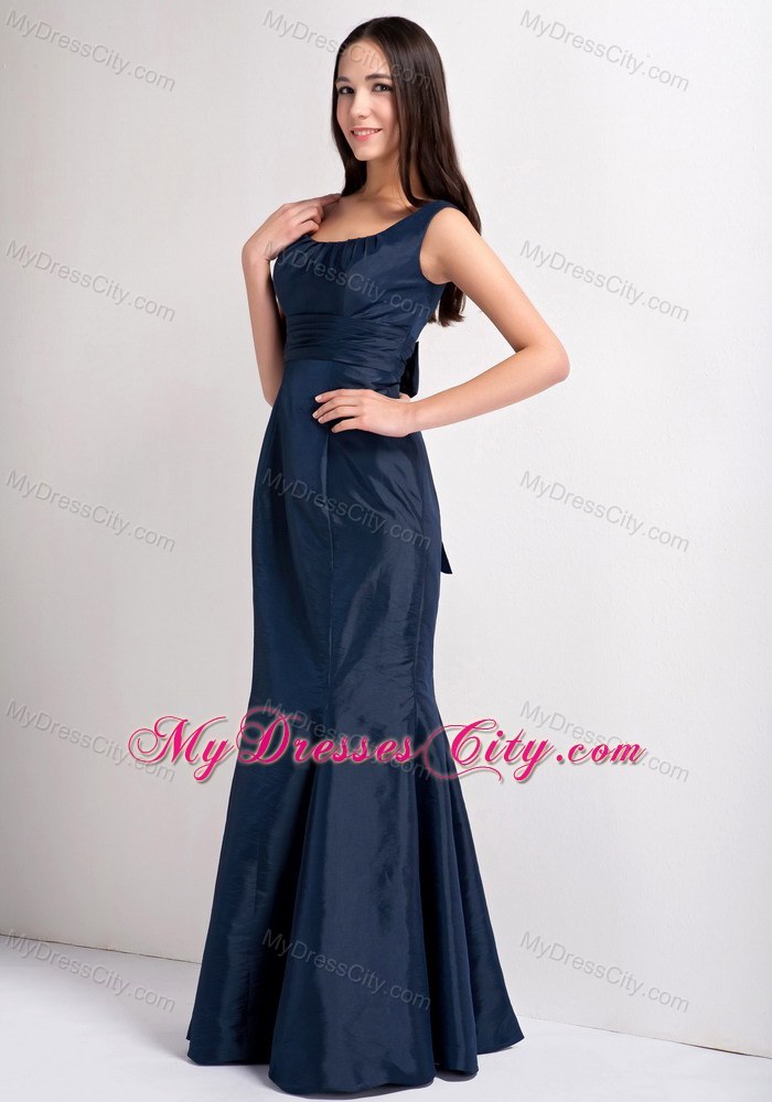 Cheap Square Mermaid Long Navy Prom Dress with Bow on Back