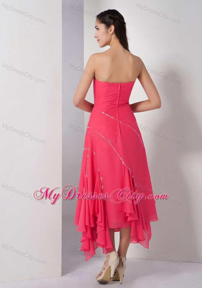 Unique Tea-Length Chiffon Beaded Coral Red Prom Dress for Ladies