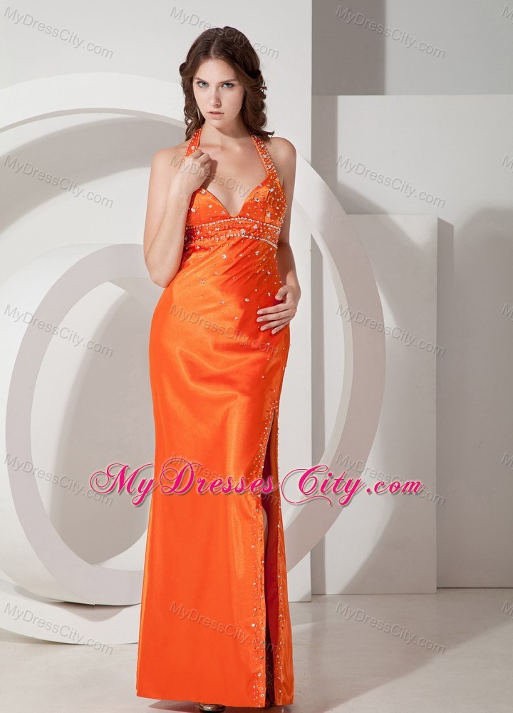 Halter Sheath Beading Orange Prom Dress with Slits Up the Side