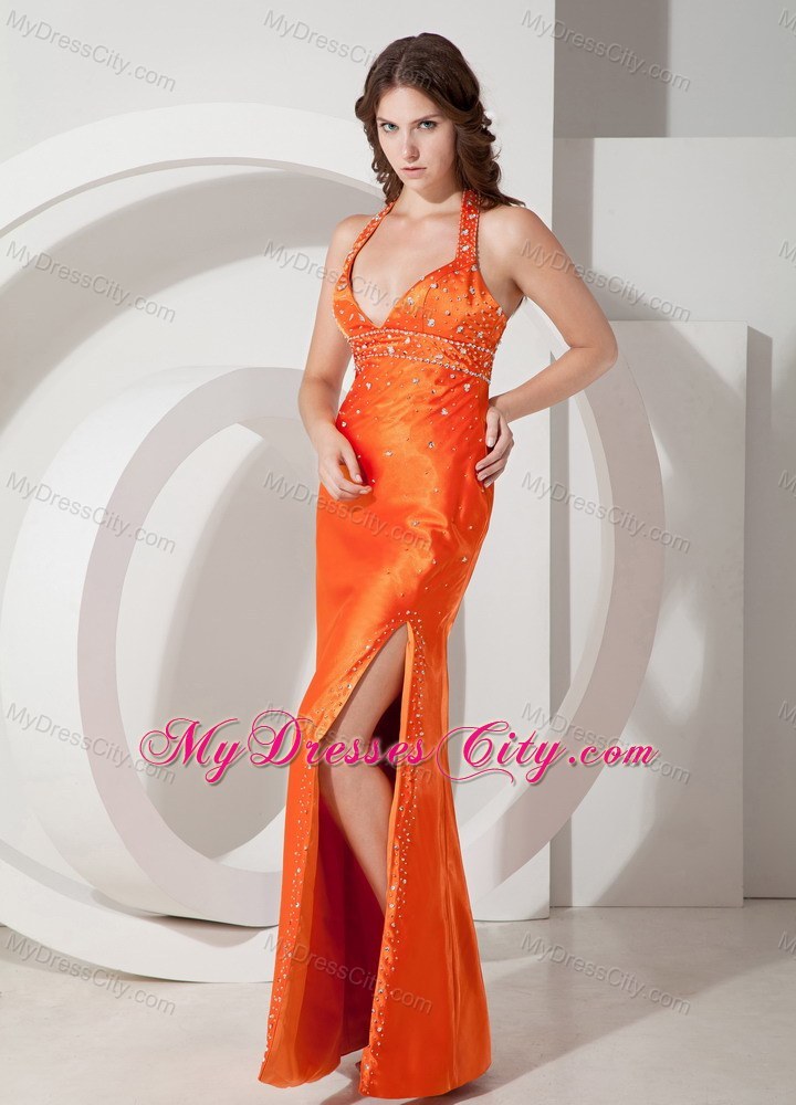 Halter Sheath Beading Orange Prom Dress with Slits Up the Side