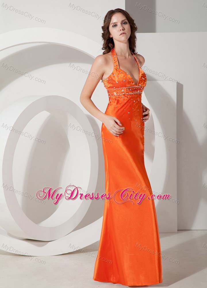 Halter Sheath Beading Orange Prom Dress with Slits Up the Side