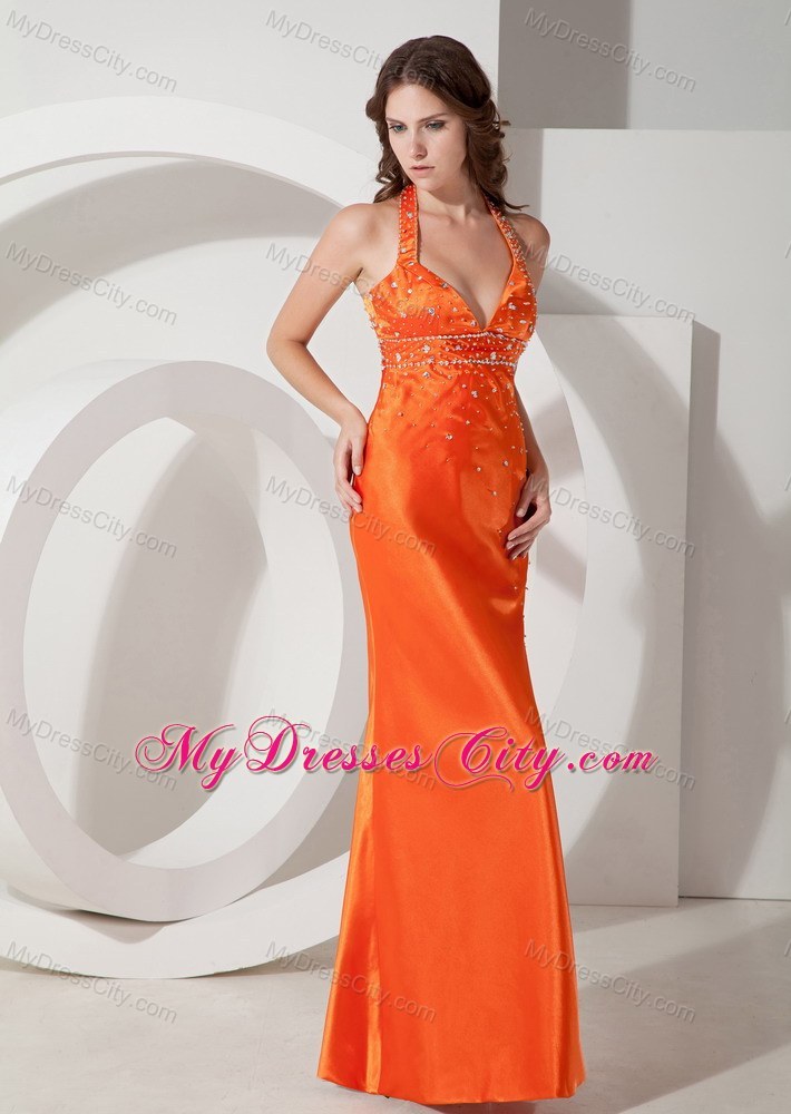 Halter Sheath Beading Orange Prom Dress with Slits Up the Side