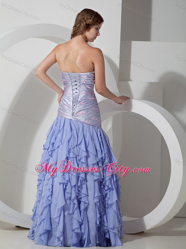 Ruched Strapless Beading 2013 Lilac Prom Dress with Ruffles