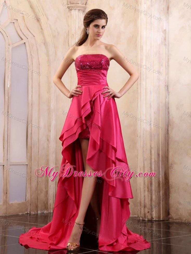 Strapless Taffeta Brush Train High-low Coral Red Prom Dress With Sequins