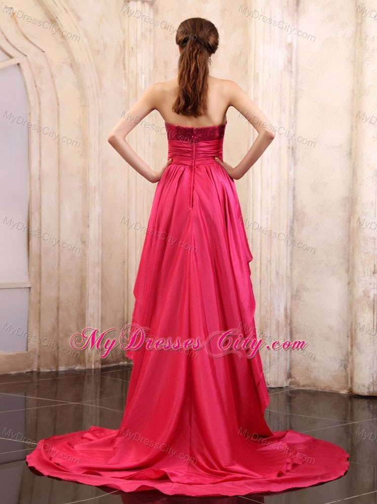 Strapless Taffeta Brush Train High-low Coral Red Prom Dress With Sequins