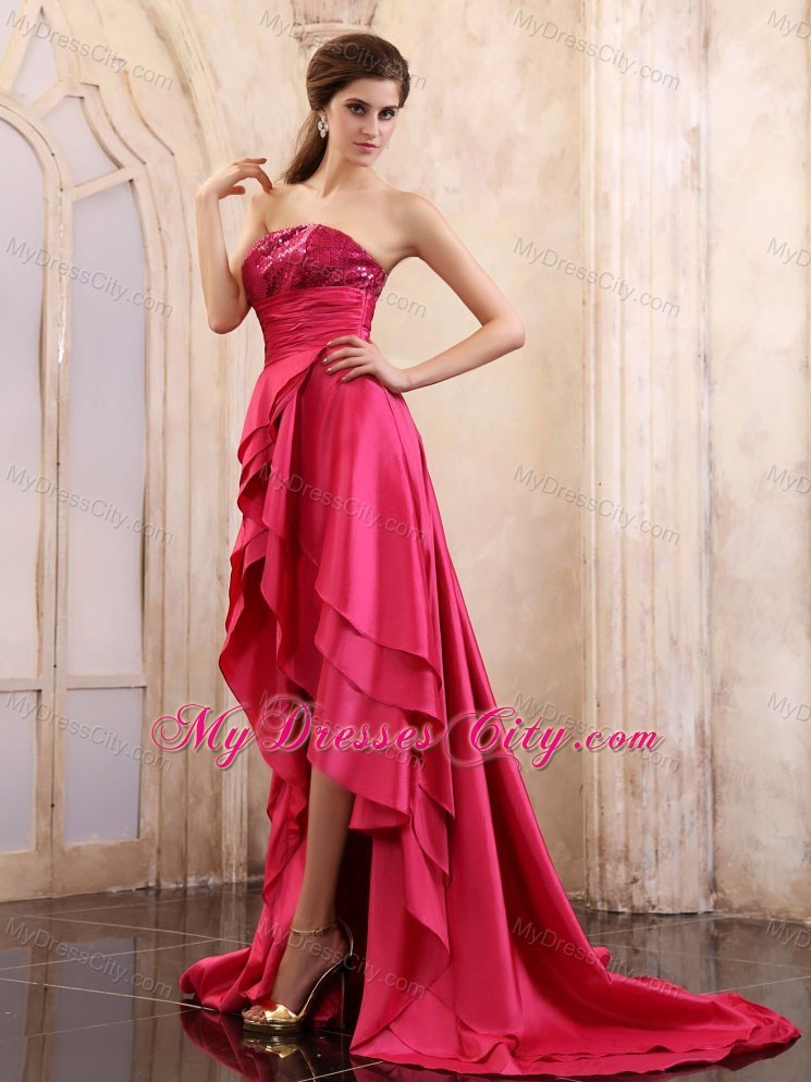 Strapless Taffeta Brush Train High-low Coral Red Prom Dress With Sequins