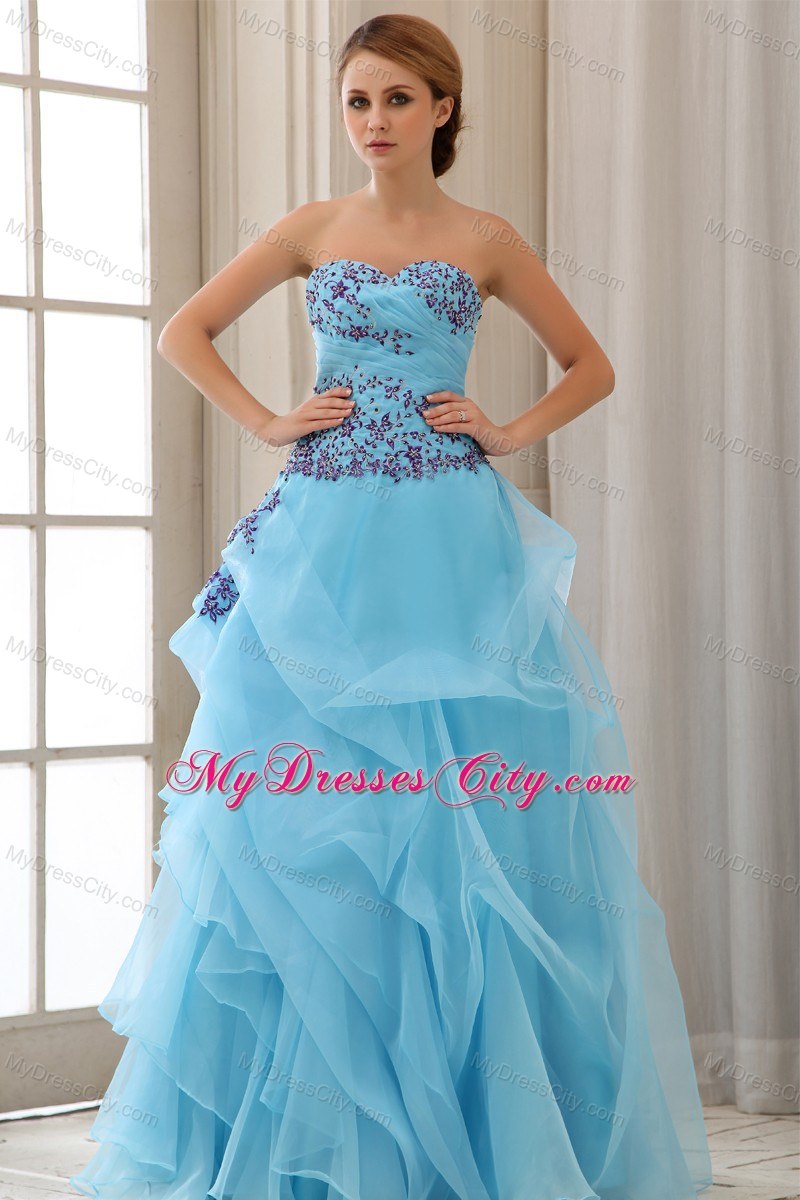 Custom Made Sweetheart Appliques Organza Aqua Blue Prom Gowns