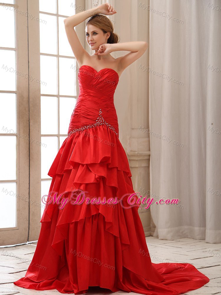 Ruched Sweetheart Ruffles Layers Red Prom Dress for Women