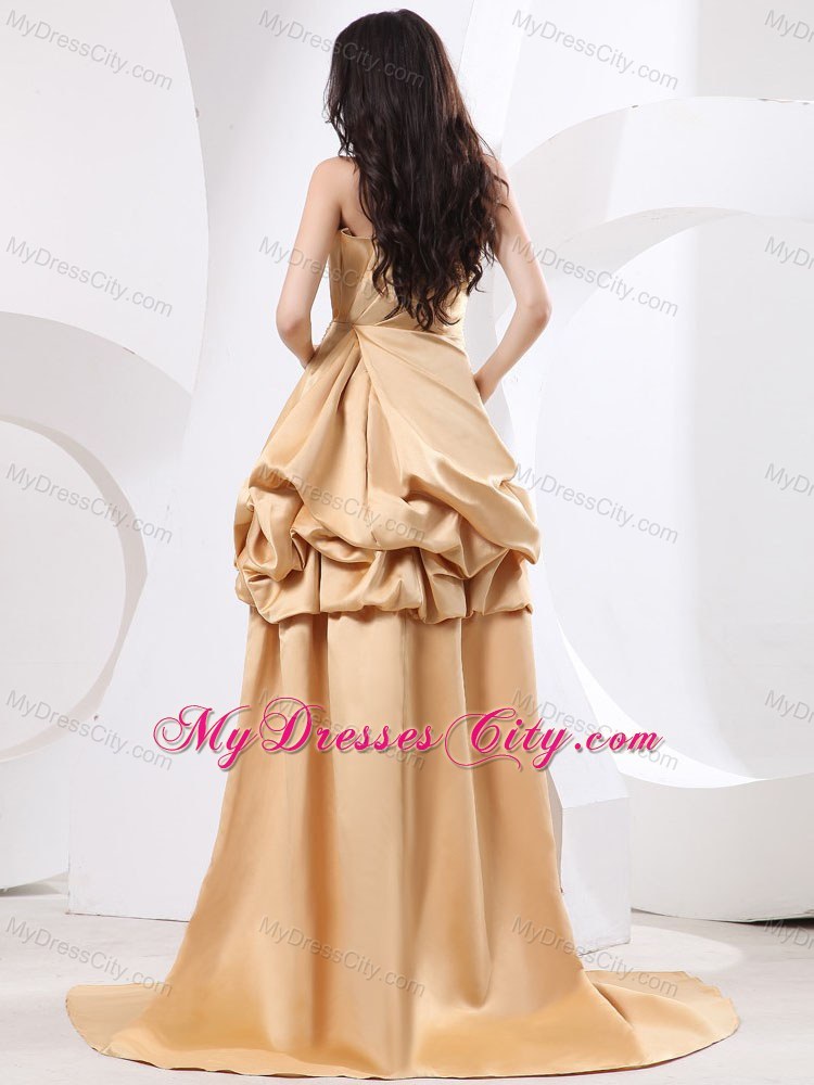 Taffeta High-low Beading and Ruches Prom Dresses With Brush Train