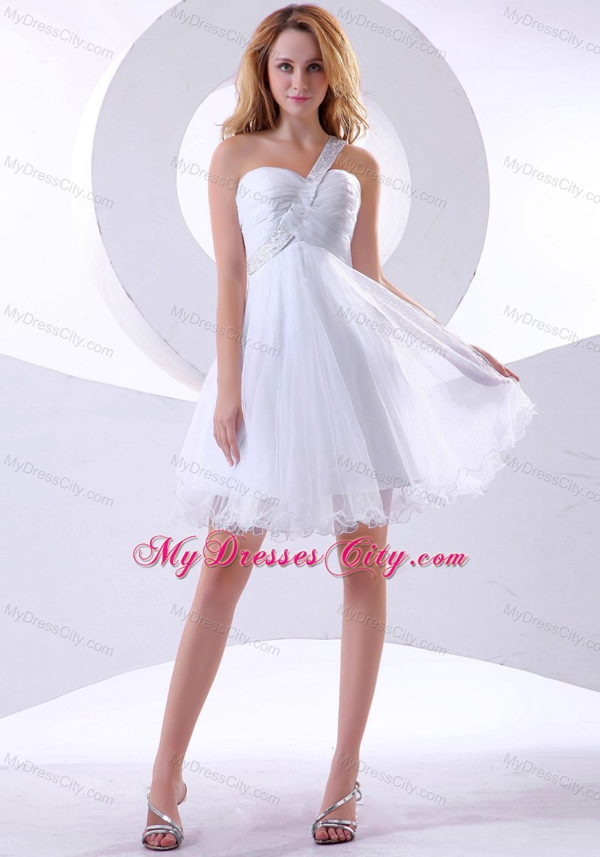 Beading One Shoulder Strap Organza Knee-length White Prom Dress