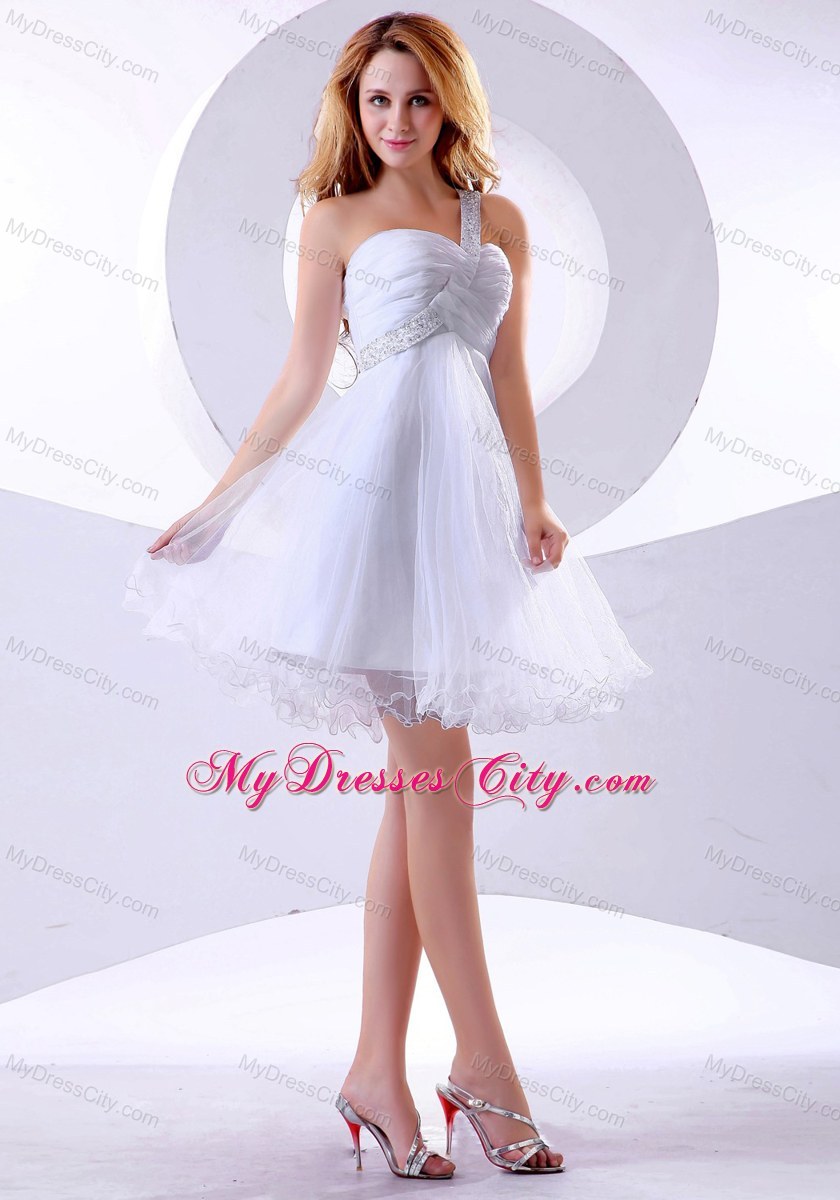 Beading One Shoulder Strap Organza Knee-length White Prom Dress