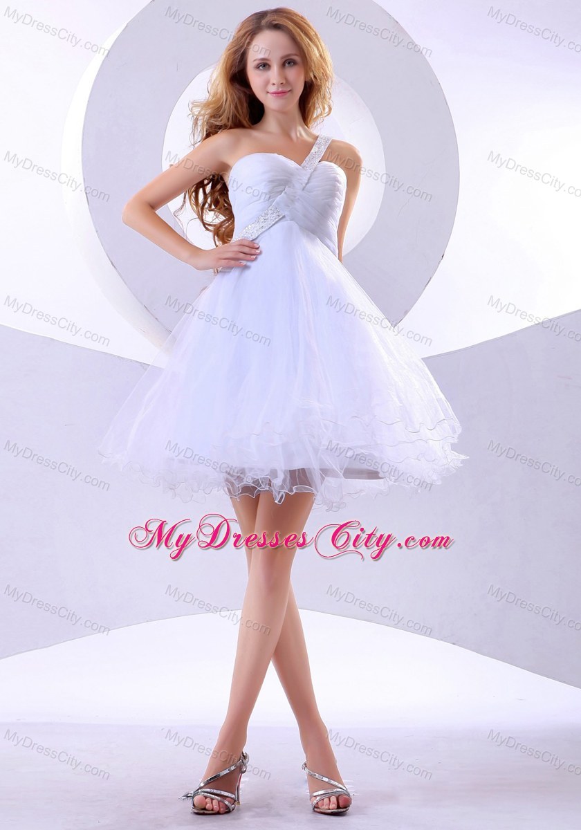 Beading One Shoulder Strap Organza Knee-length White Prom Dress