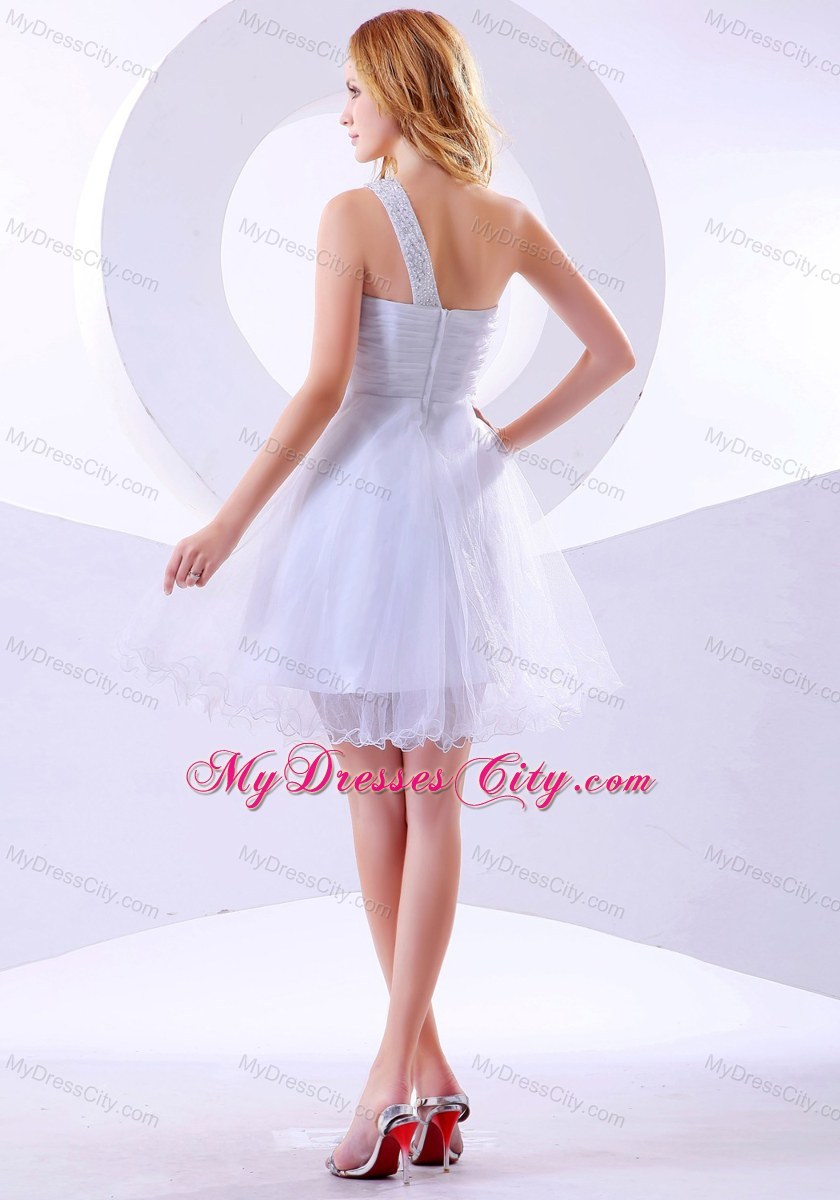 Beading One Shoulder Strap Organza Knee-length White Prom Dress