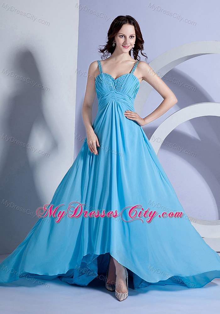 Beaded Straps Chiffon Empire Brush Train Light Blue Prom Dress