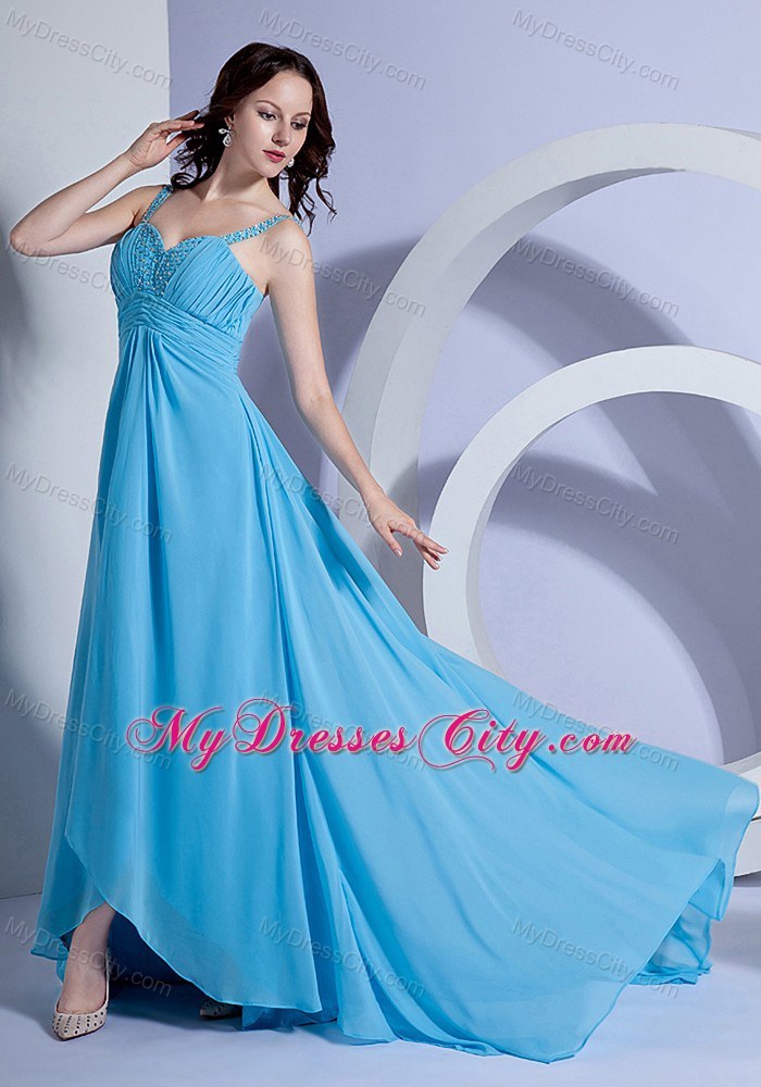 Beaded Straps Chiffon Empire Brush Train Light Blue Prom Dress