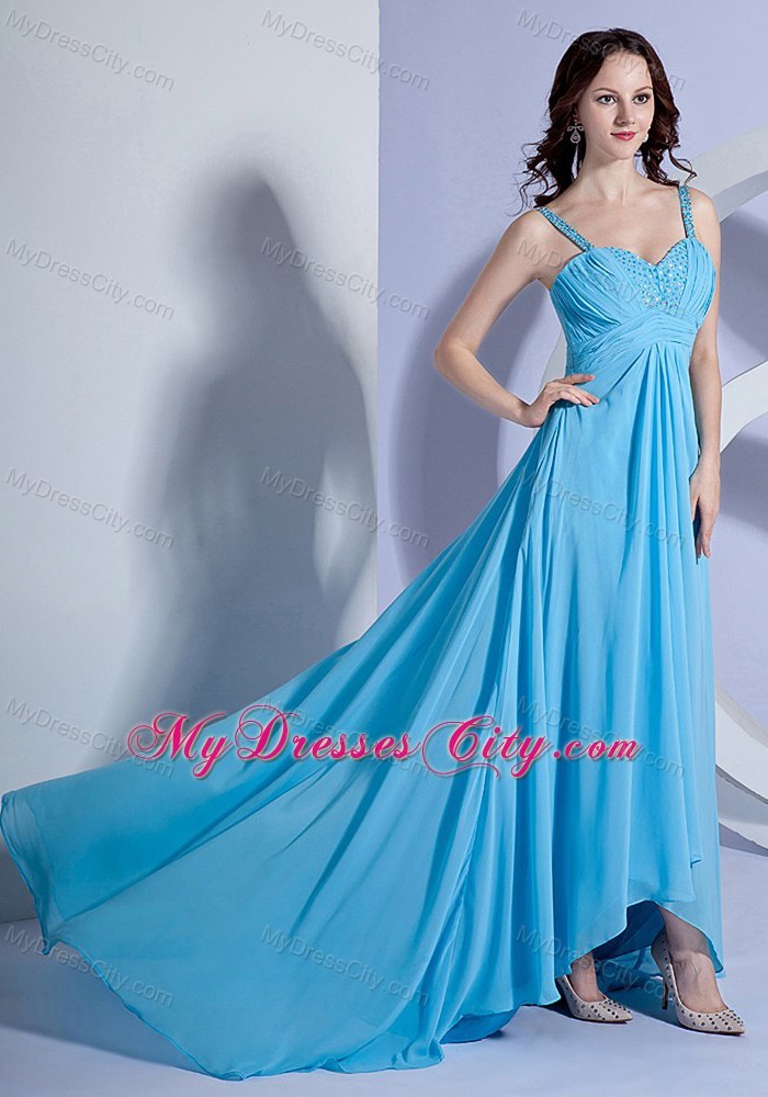 Beaded Straps Chiffon Empire Brush Train Light Blue Prom Dress