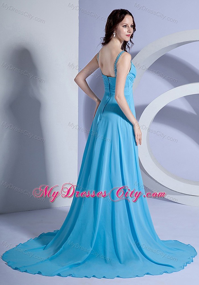 Beaded Straps Chiffon Empire Brush Train Light Blue Prom Dress