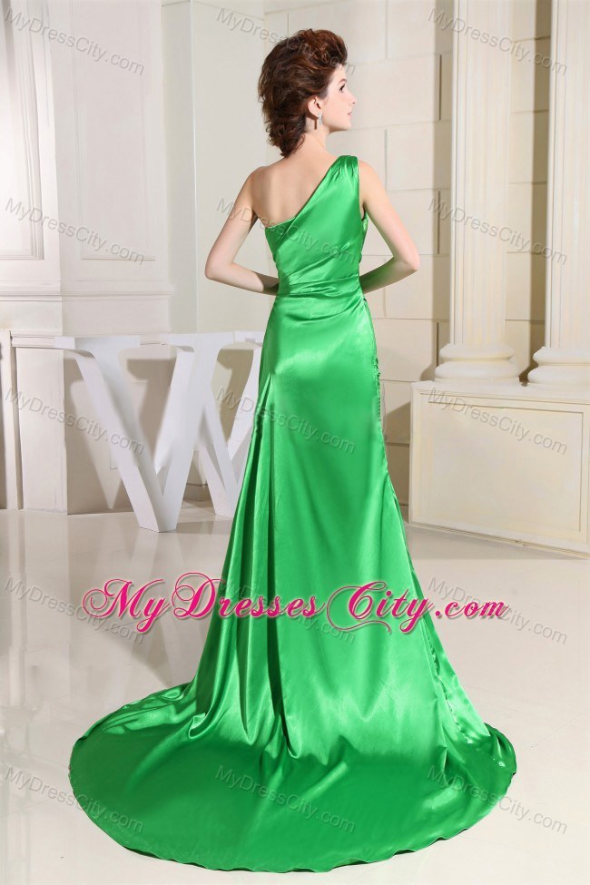 One Shoulder High Slit Spring Green Prom Dress With Brush Train